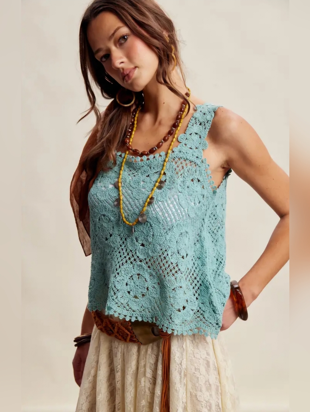 #1538 Listicle Seafoam Crochet Boho Tank – Coastal Dream